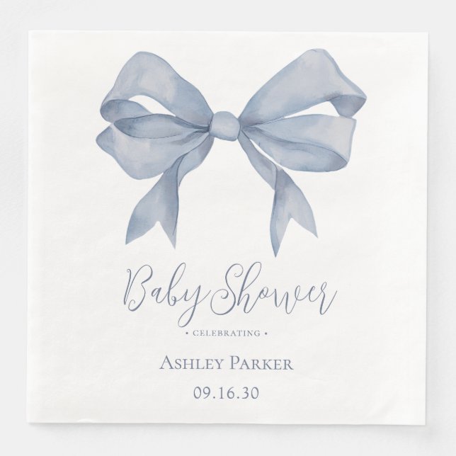 Dusty Blue Bow Boy Baby Shower Paper Dinner Napkins (Front)