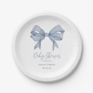 Dusty Blue Bow Boy Baby Shower Paper Plates