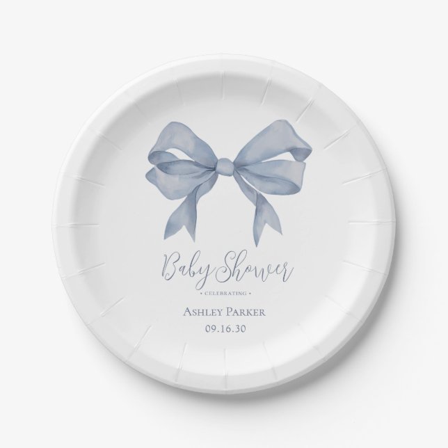Dusty Blue Bow Boy Baby Shower Paper Plates (Front)