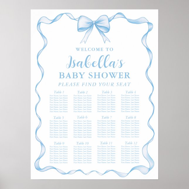Dusty Blue Bow Boy Baby Shower Seating Chart Sign (Front)