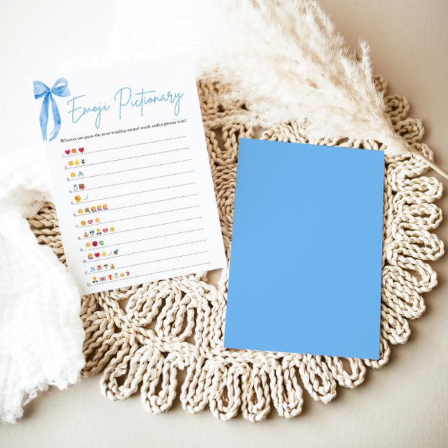 Dusty Blue Bow Bridal Shower Emoji Pictionary Game Invitation (Modern Watercolor Dusty Blue Bow Bridal Shower Emoji Pictionary Game)