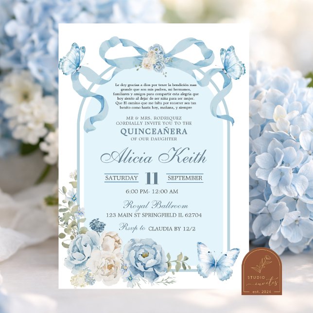 Dusty Blue Bow Coquette Butterfly Invitation (Creator Uploaded)