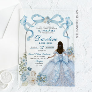 Dusty Blue Bow Coquette Butterfly Quinceañera Acrylic Invitations