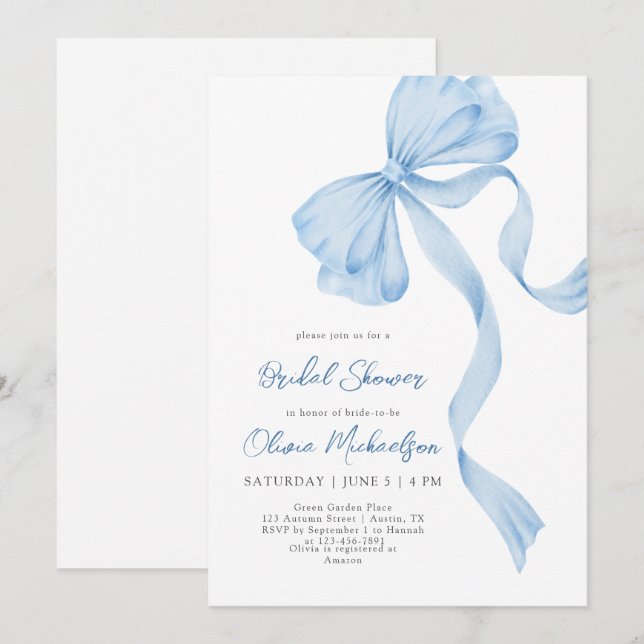 Dusty Blue Bow Coquette Ribbon Bridal Shower Invitation (Front/Back)