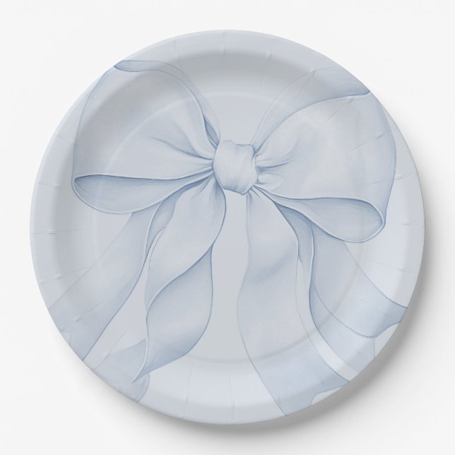 Dusty Blue Bow Elegant Decor Paper Plates (Front)