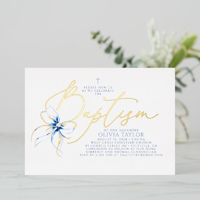 Dusty Blue Bow Elegant Minimalist Modern Baptism Foil Invitation (Standing Front)