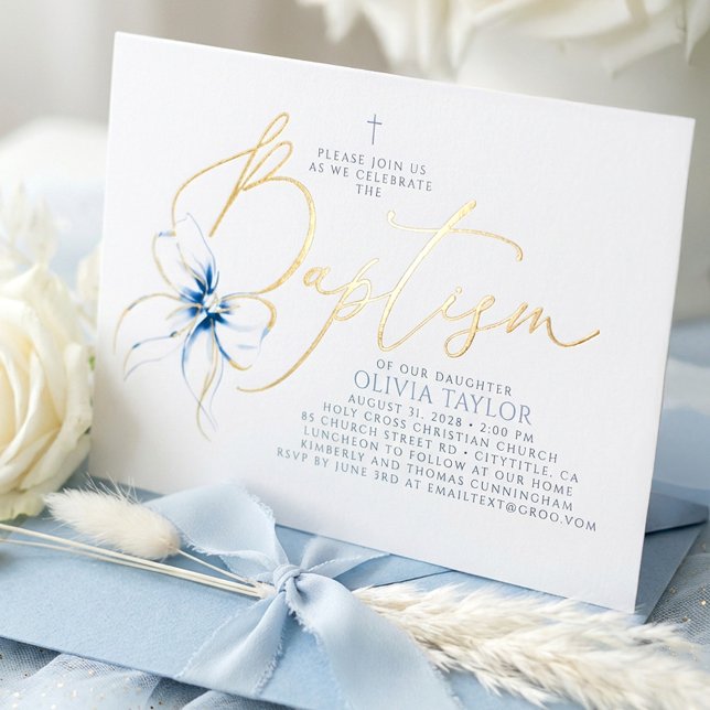 Dusty Blue Bow Elegant Minimalist Modern Baptism Foil Invitation (Blue Bow Baptism Invitation)