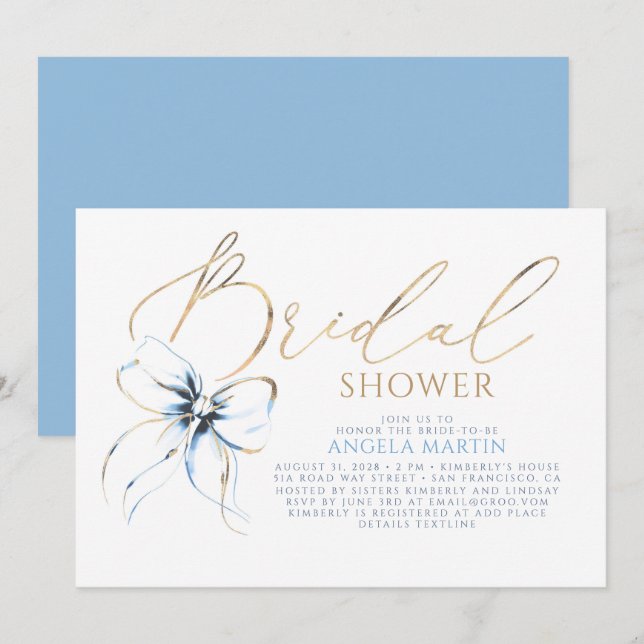 Dusty Blue Bow Elegant Romantic Bridal Shower Invitation (Front/Back)