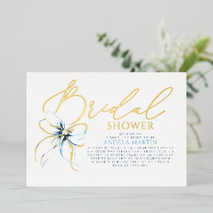 Dusty Blue Bow Elegant Script Modern Bridal Shower Foil Invitation