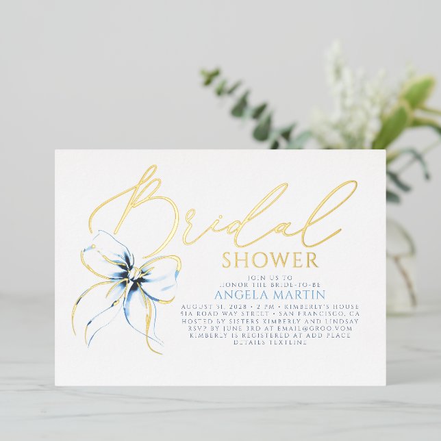 Dusty Blue Bow Elegant Script Modern Bridal Shower Foil Invitation (Standing Front)