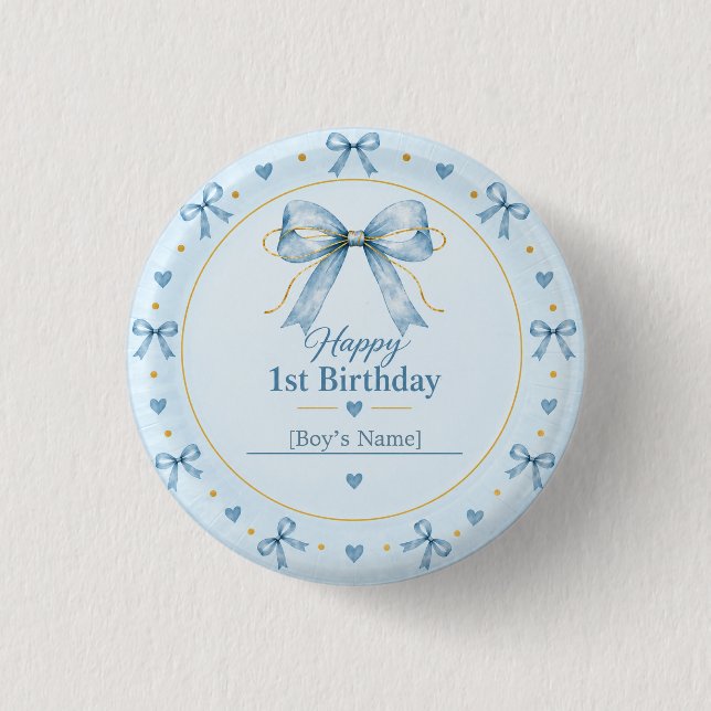 Dusty Blue Bow First Birthday Button (Front)