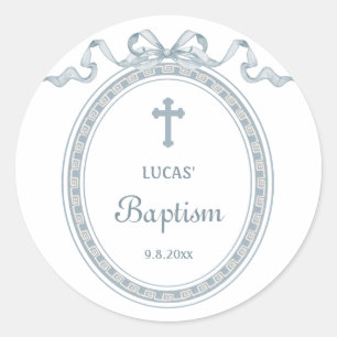 Dusty Blue Bow Greek Frame Baptism Classic Round Sticker