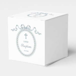 Dusty Blue Bow Greek Frame Baptism Cube Favor Boxes