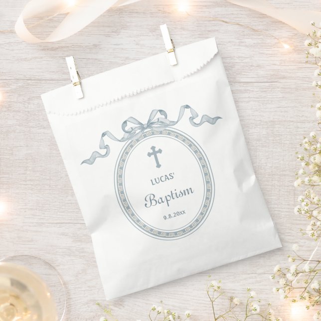 Dusty Blue Bow Greek Frame Baptism Favor Bag (Clipped)