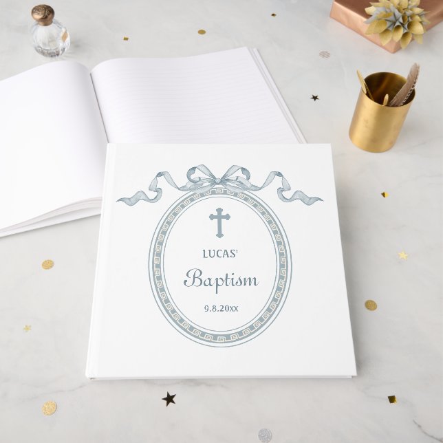 Dusty Blue Bow Greek Frame Baptism Guest Book (Front Open)