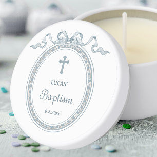 Dusty Blue Bow Greek Frame Baptism Mini Candle Favors