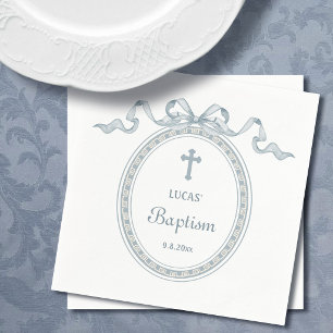 Dusty Blue Bow Greek Frame Baptism Napkins