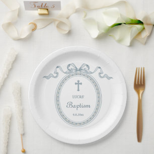 Dusty Blue Bow Greek Frame Baptism Paper Plates