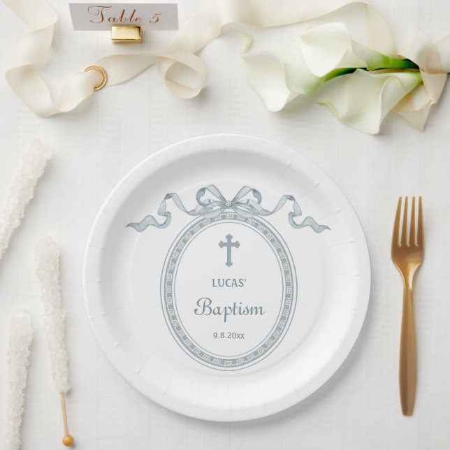 Dusty Blue Bow Greek Frame Baptism Paper Plates (Wedding)