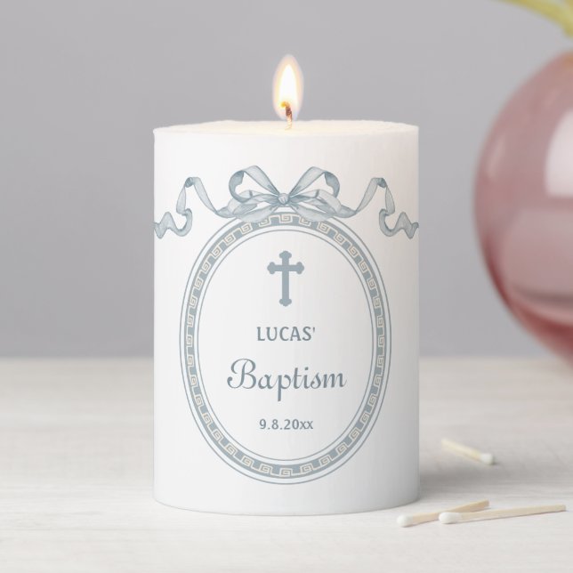 Dusty Blue Bow Greek Frame Baptism Pillar Candle (In Situ)