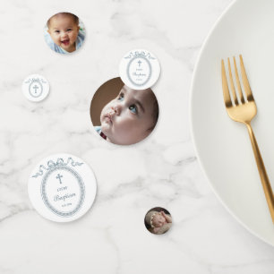 Dusty Blue Bow Greek Frame Baptism Table Confetti