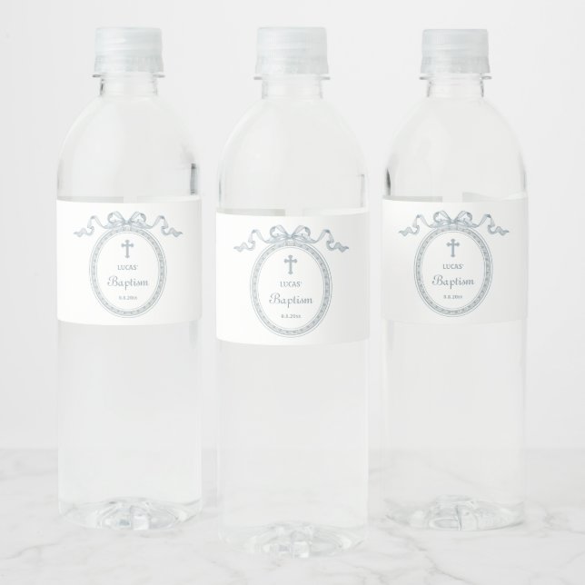 Dusty Blue Bow Greek Frame Baptism Water Bottle Label (Bottles)