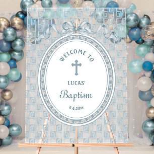 Dusty Blue Bow Greek Frame Baptism Welcome Acrylic Sign