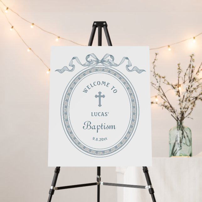 Dusty Blue Bow Greek Frame Baptism Welcome Foam Board (In Situ (Stand))