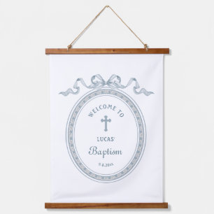 Dusty Blue Bow Greek Frame Baptism Welcome Hanging Tapestry