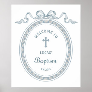 Dusty Blue Bow Greek Frame Baptism Welcome Poster