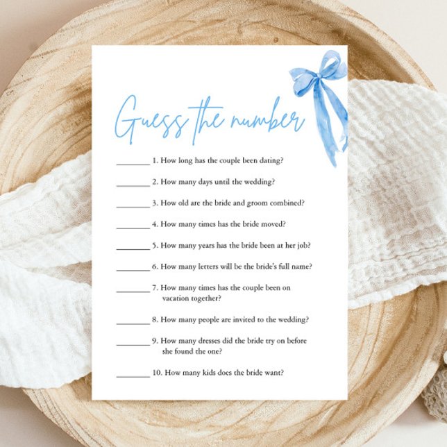 Dusty Blue Bow Guess the Number Bridal Shower Game Invitation (Modern Blue Bow Coquette Guess the Number Bridal Shower Game She's Tying the Knot Bridal Shower)