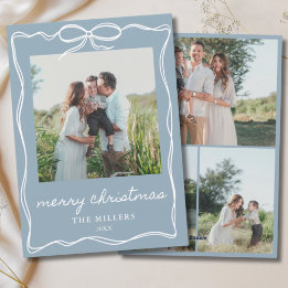 Dusty Blue Bow Merry Christmas 4 Photo Family Holiday Card