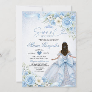 Dusty Blue Bow Princess Floral Crown Sweet Sixteen Invitation