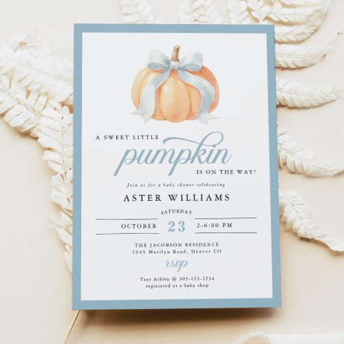 Dusty Blue Bow Pumpkin Baby Boy Shower Invitation