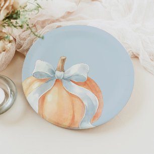 Dusty Blue Bow Pumpkin Baby Shower Paper Plates