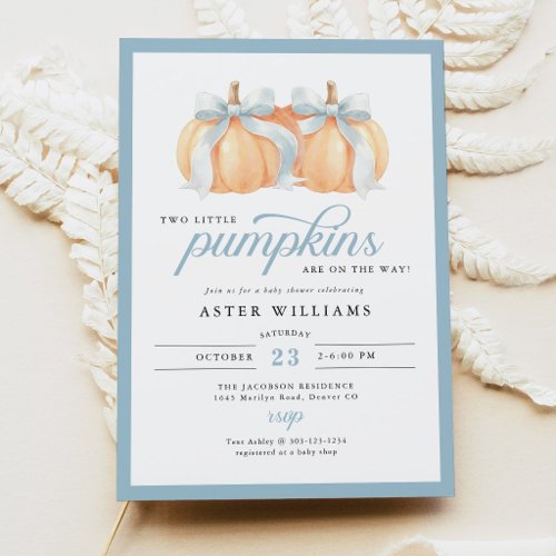 Dusty Blue Bow Pumpkins Twin Baby Boy Shower Invitation
