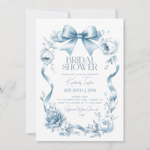 Dusty Blue Bow Ribbon Floral Flowers Bridal Shower Invitation