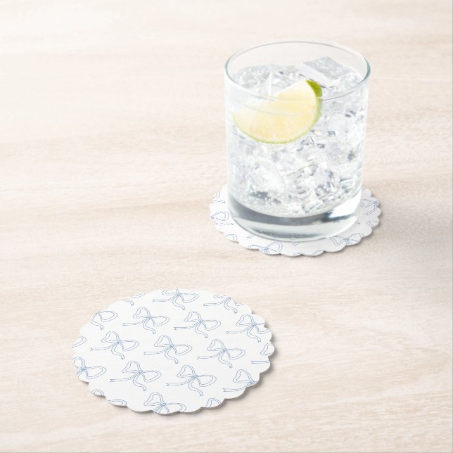 Dusty Blue Bow Ribbon Summer Party Paper Coasters (Insitu)