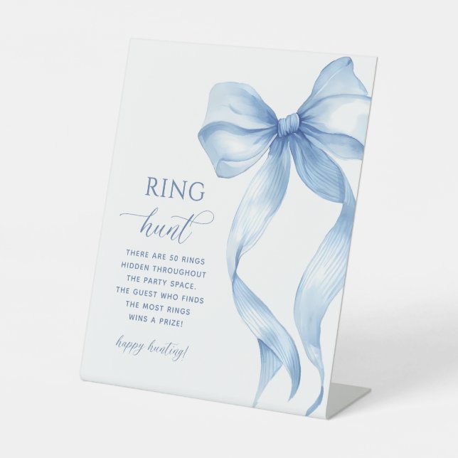 Dusty Blue Bow Ring Hunt Bridal Shower Pedestal Sign (Front)