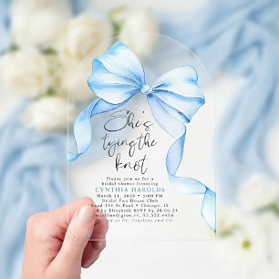 Dusty Blue Bow She's Tying the Knot Bridal Shower Acrylic Invitations