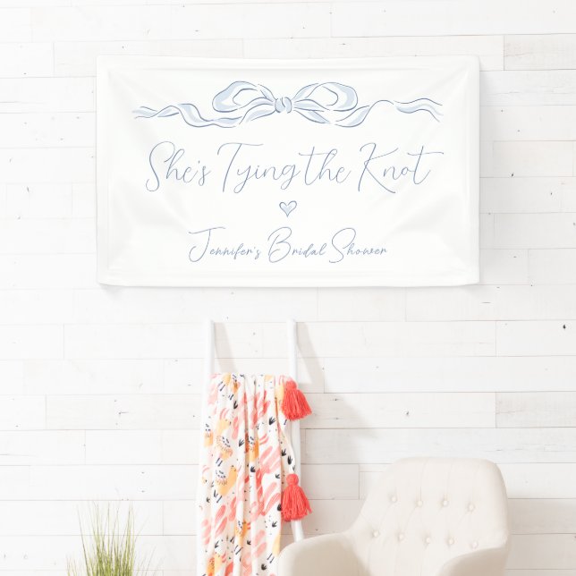 Dusty Blue Bow She's Tying the Knot Bridal Shower Banner (Insitu)