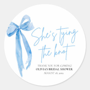 Dusty Blue Bow She's Tying the Knot Bridal Shower Classic Round Sticker