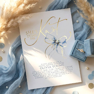 Dusty Blue Bow She's Tying The Knot Bridal Shower Foil Invitation