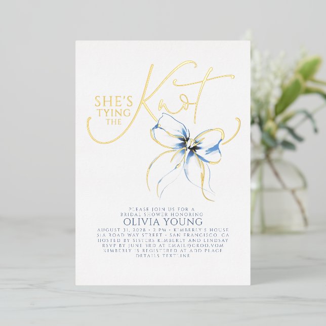 Dusty Blue Bow She's Tying The Knot Bridal Shower Foil Invitation (Standing Front)