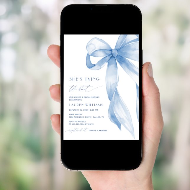 Dusty Blue Bow She's Tying the Knot Bridal Shower Invitation (Front Digital)