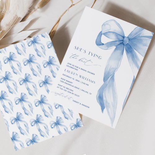 Dusty Blue Bow Shes Tying the Knot Bridal Shower Invitation