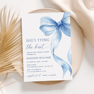 Dusty Blue Bow She's Tying the Knot Bridal Shower Invitation