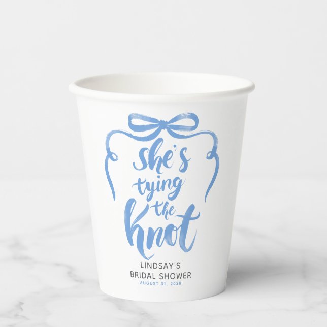 Dusty Blue Bow She's Tying the Knot Bridal Shower Paper Cups (Front)