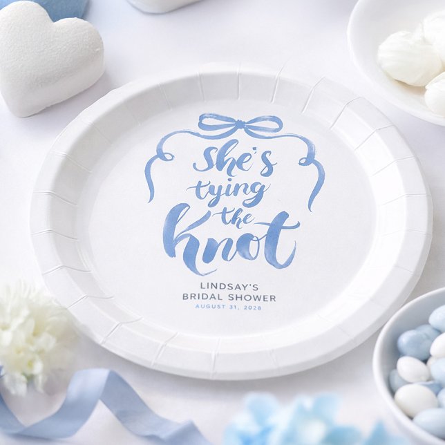 Dusty Blue Bow She's Tying the Knot Bridal Shower Paper Plates (Dusty Blue Bow Bridal Shower Paper Plates for Whimsical Celebration)