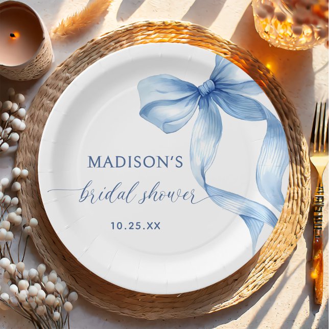 Dusty Blue Bow She's Tying The Knot Bridal Shower Paper Plates (Creator Uploaded)